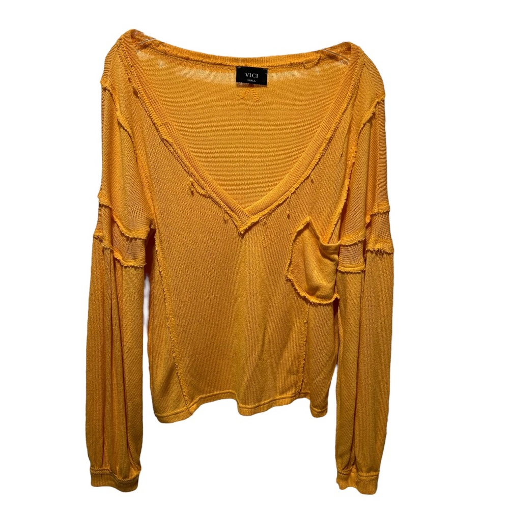 VICI Capitol Reef V-Neck Knit Pocket Top Yellow Sweater Top Small - Picture 4 of 13